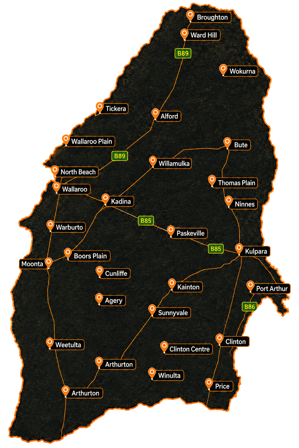Map of the Yorke Peninsula and Copper Coast service area with towns marked